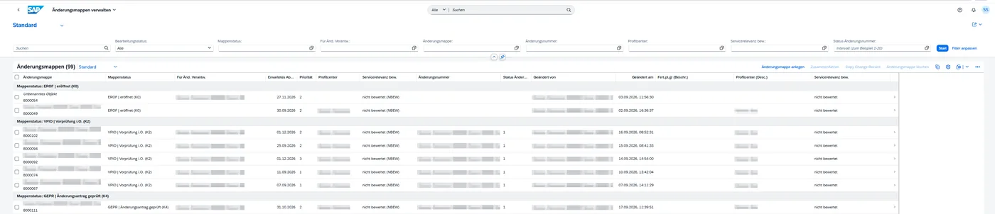 Liste der Änderungsmappen, gruppiert nach Mappenstatus, mit Filterzeile